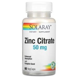Citrate de Zinc 50 mg, Haute efficacité, 60 capsules, Solaray